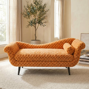 English Elm Classic Diamond Fabric Loveseat with Scroll Arms Birch Legs and Timeless Tailored Appeal Orange W680P484976