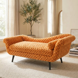 English Elm Classic Diamond Fabric Loveseat with Scroll Arms Birch Legs and Timeless Tailored Appeal Orange W680P484976