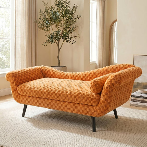 English Elm Classic Diamond Fabric Loveseat with Scroll Arms Birch Legs and Timeless Tailored Appeal Orange W680P484976