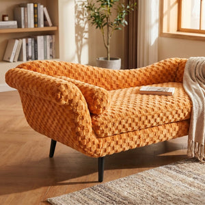 English Elm Classic Diamond Fabric Loveseat with Scroll Arms Birch Legs and Timeless Tailored Appeal Orange W680P484976