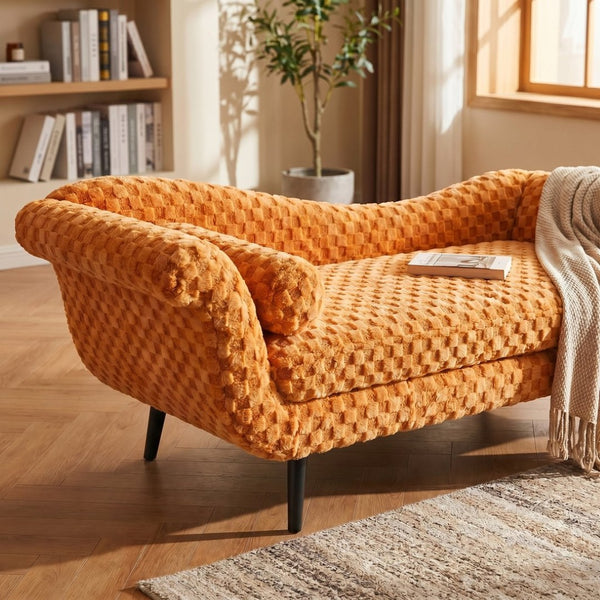 English Elm Classic Diamond Fabric Loveseat with Scroll Arms Birch Legs and Timeless Tailored Appeal Orange W680P484976
