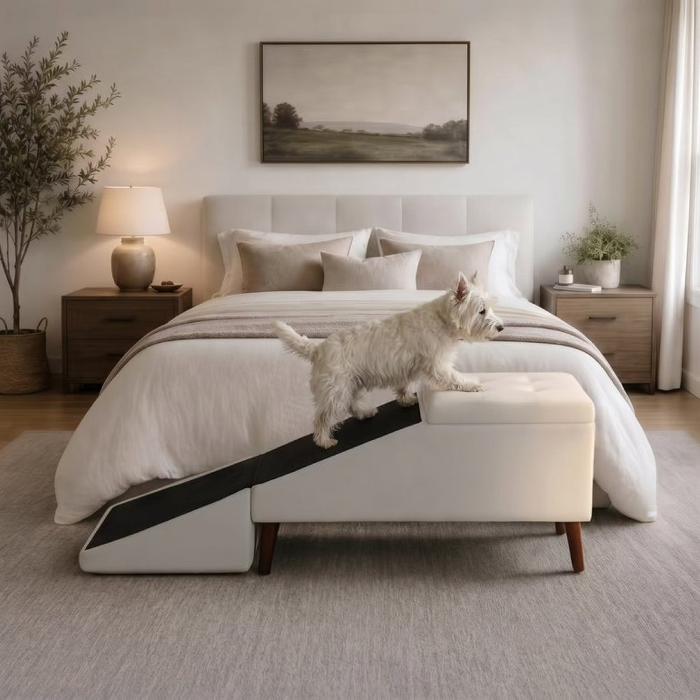 English Elm 2-in-1 Convertible Pet Ramp Footstool Solid Wood Frame Non-slip Surface for Dogs Cats Beige W680P495392