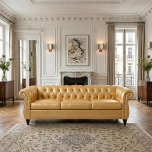 English Elm 84.65 Inch Chesterfield PU Leather Three Seat Sofa with Tufted Back for Living Rooms Gold W680P501741