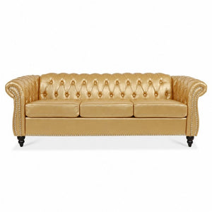 English Elm 84.65 Inch Chesterfield PU Leather Three Seat Sofa with Tufted Back for Living Rooms Gold W680P501741