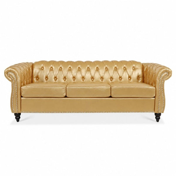 English Elm 84.65 Inch Chesterfield PU Leather Three Seat Sofa with Tufted Back for Living Rooms Gold W680P501741