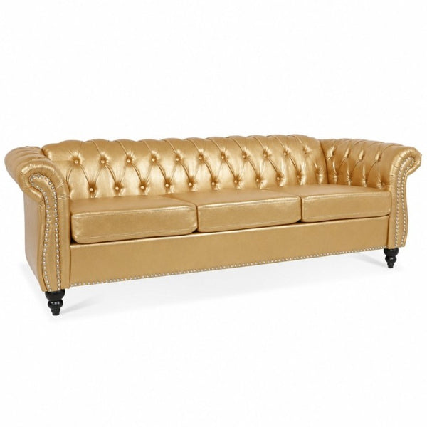 English Elm 84.65 Inch Chesterfield PU Leather Three Seat Sofa with Tufted Back for Living Rooms Gold W680P501741