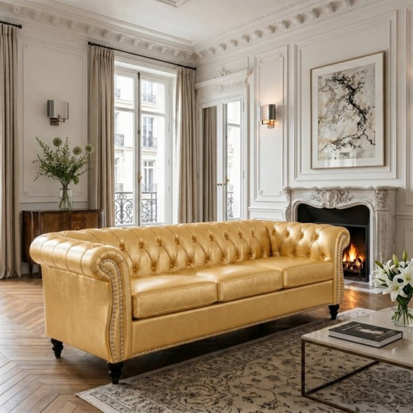 English Elm 84.65 Inch Chesterfield PU Leather Three Seat Sofa with Tufted Back for Living Rooms Gold W680P501741
