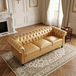 English Elm 84.65 Inch Chesterfield PU Leather Three Seat Sofa with Tufted Back for Living Rooms Gold W680P501741