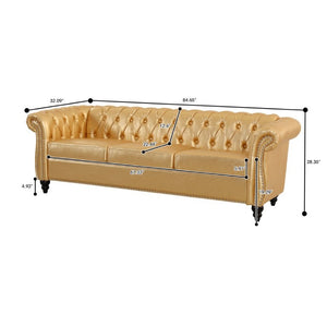 English Elm 84.65 Inch Chesterfield PU Leather Three Seat Sofa with Tufted Back for Living Rooms Gold W680P501741