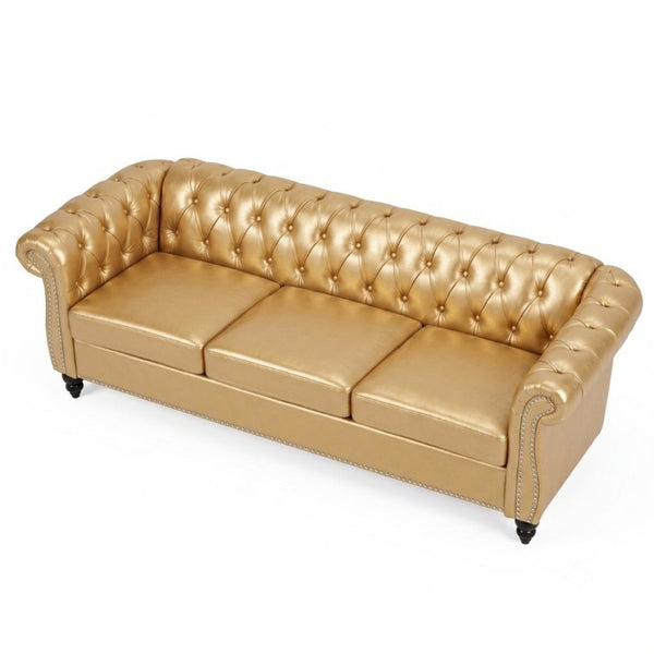 English Elm 84.65 Inch Chesterfield PU Leather Three Seat Sofa with Tufted Back for Living Rooms Gold W680P501741