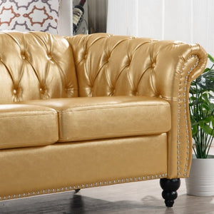 English Elm 84.65 Inch Chesterfield PU Leather Three Seat Sofa with Tufted Back for Living Rooms Gold W680P501741