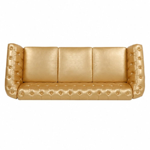 English Elm 84.65 Inch Chesterfield PU Leather Three Seat Sofa with Tufted Back for Living Rooms Gold W680P501741