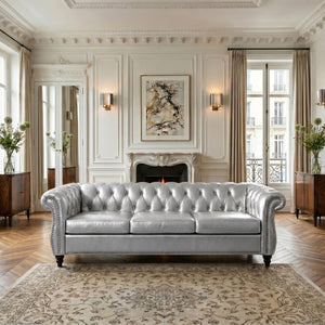 English Elm 84.65 Inch Chesterfield PU Leather Three Seat Sofa with Tufted Back for Living Rooms Silver W680P501753