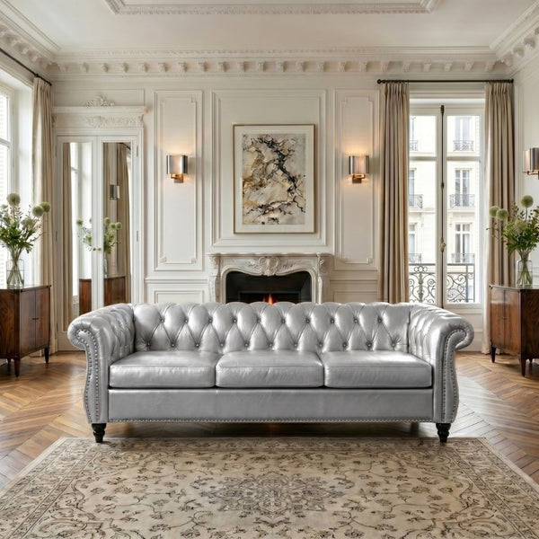 English Elm 84.65 Inch Chesterfield PU Leather Three Seat Sofa with Tufted Back for Living Rooms Silver W680P501753
