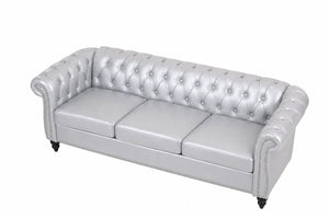 English Elm 84.65 Inch Chesterfield PU Leather Three Seat Sofa with Tufted Back for Living Rooms Silver W680P501753