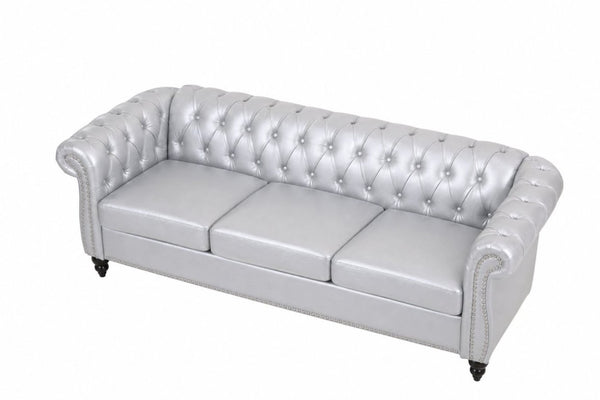 English Elm 84.65 Inch Chesterfield PU Leather Three Seat Sofa with Tufted Back for Living Rooms Silver W680P501753