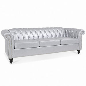 English Elm 84.65 Inch Chesterfield PU Leather Three Seat Sofa with Tufted Back for Living Rooms Silver W680P501753