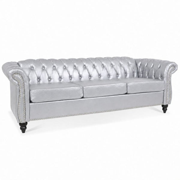 English Elm 84.65 Inch Chesterfield PU Leather Three Seat Sofa with Tufted Back for Living Rooms Silver W680P501753