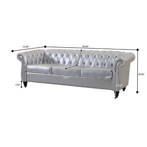 English Elm 84.65 Inch Chesterfield PU Leather Three Seat Sofa with Tufted Back for Living Rooms Silver W680P501753