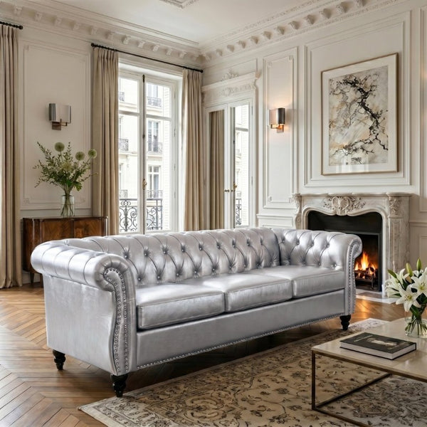 English Elm 84.65 Inch Chesterfield PU Leather Three Seat Sofa with Tufted Back for Living Rooms Silver W680P501753