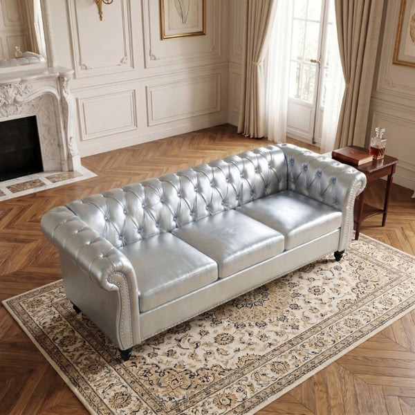 English Elm 84.65 Inch Chesterfield PU Leather Three Seat Sofa with Tufted Back for Living Rooms Silver W680P501753