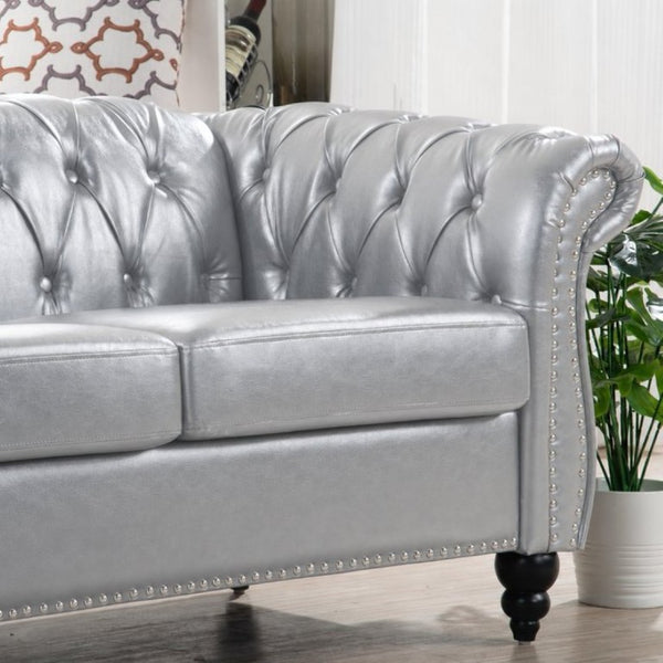 English Elm 84.65 Inch Chesterfield PU Leather Three Seat Sofa with Tufted Back for Living Rooms Silver W680P501753