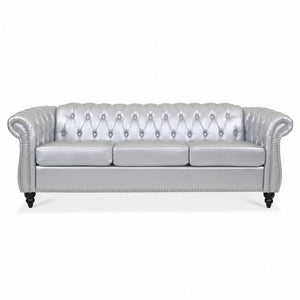 English Elm 84.65 Inch Chesterfield PU Leather Three Seat Sofa with Tufted Back for Living Rooms Silver W680P501753