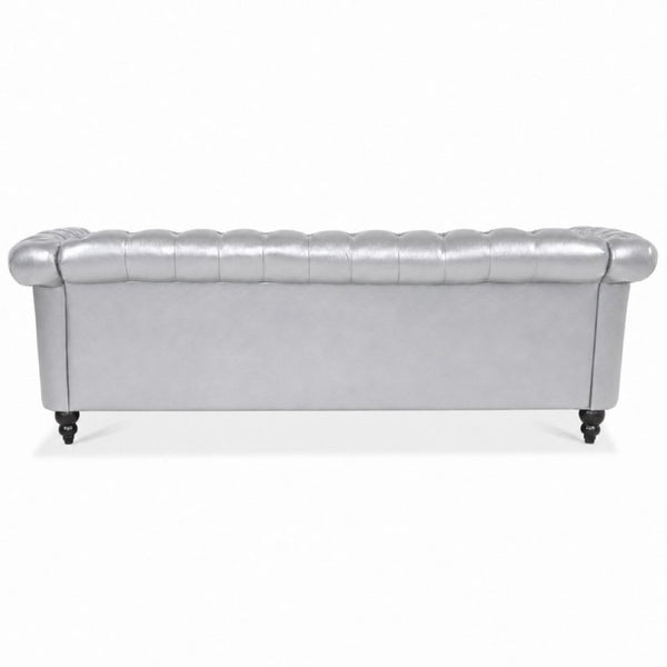 English Elm 84.65 Inch Chesterfield PU Leather Three Seat Sofa with Tufted Back for Living Rooms Silver W680P501753
