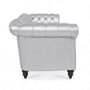 English Elm 84.65 Inch Chesterfield PU Leather Three Seat Sofa with Tufted Back for Living Rooms Silver W680P501753