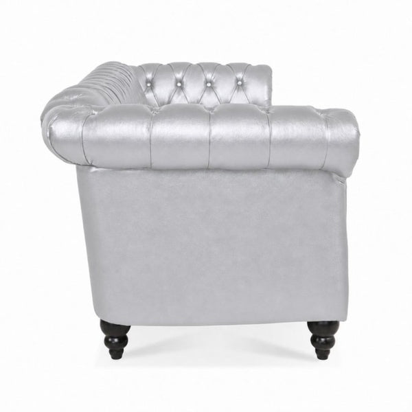 English Elm 84.65 Inch Chesterfield PU Leather Three Seat Sofa with Tufted Back for Living Rooms Silver W680P501753