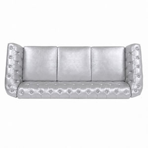 English Elm 84.65 Inch Chesterfield PU Leather Three Seat Sofa with Tufted Back for Living Rooms Silver W680P501753