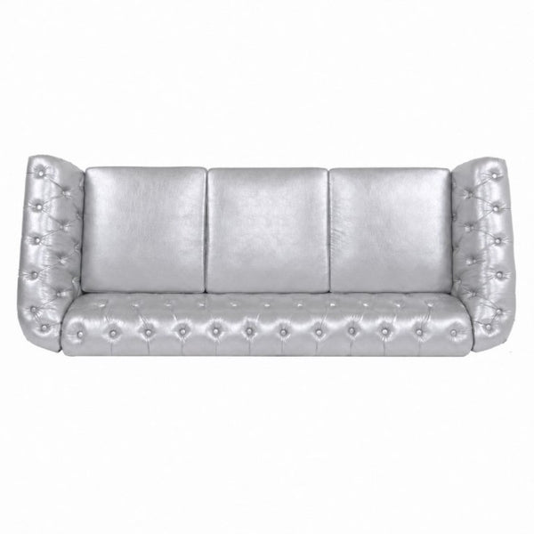 English Elm 84.65 Inch Chesterfield PU Leather Three Seat Sofa with Tufted Back for Living Rooms Silver W680P501753