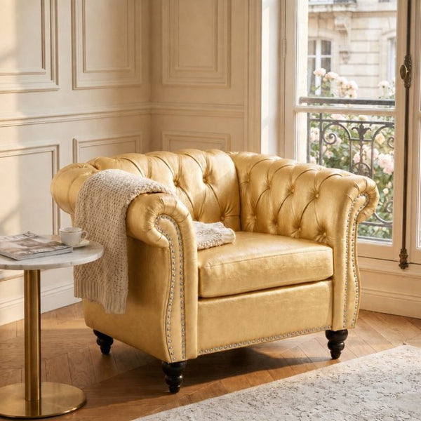 English Elm 1 Seater PU Leather Accent Chair Tufted Button Back with Birch Legs for Living Room W680P501764