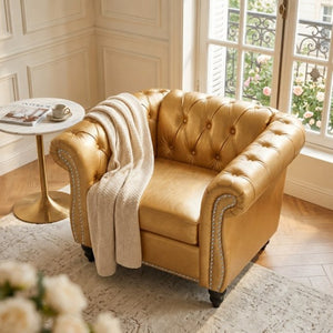 English Elm 1 Seater PU Leather Accent Chair Tufted Button Back with Birch Legs for Living Room W680P501764