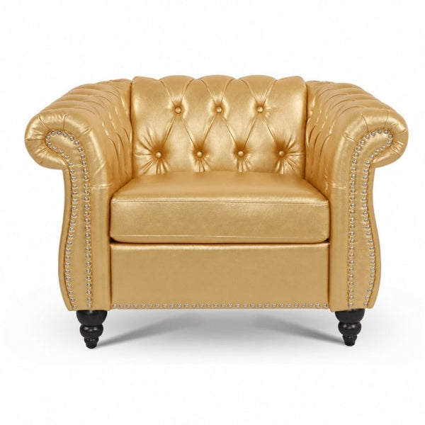 English Elm 1 Seater PU Leather Accent Chair Tufted Button Back with Birch Legs for Living Room W680P501764
