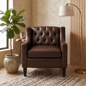 English Elm Dark Faux Leather Wingback Accent Chair Tufted Nailhead Trim Mid-Century Wood Legs Dark Brown W680P526315