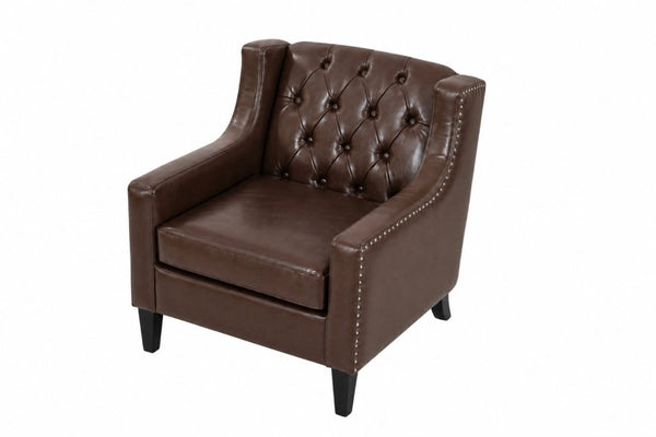 English Elm Dark Faux Leather Wingback Accent Chair Tufted Nailhead Trim Mid-Century Wood Legs Dark Brown W680P526315