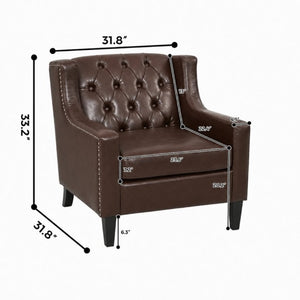 English Elm Dark Faux Leather Wingback Accent Chair Tufted Nailhead Trim Mid-Century Wood Legs Dark Brown W680P526315