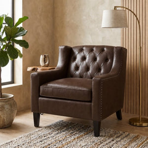 English Elm Dark Faux Leather Wingback Accent Chair Tufted Nailhead Trim Mid-Century Wood Legs Dark Brown W680P526315