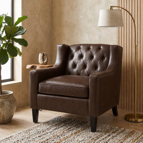 English Elm Dark Faux Leather Wingback Accent Chair Tufted Nailhead Trim Mid-Century Wood Legs Dark Brown W680P526315