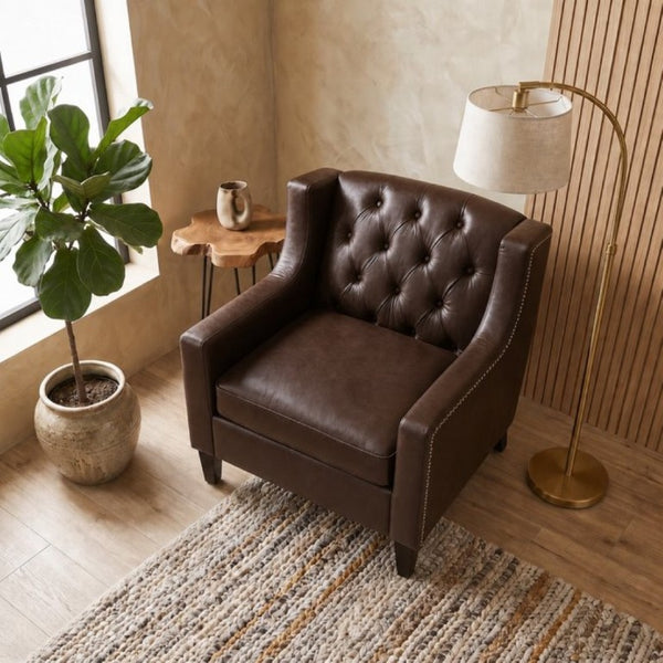 English Elm Dark Faux Leather Wingback Accent Chair Tufted Nailhead Trim Mid-Century Wood Legs Dark Brown W680P526315