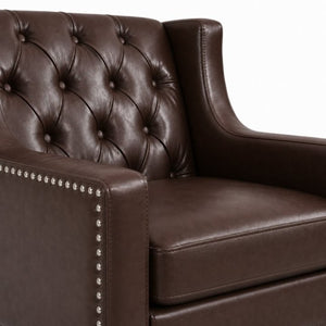 English Elm Dark Faux Leather Wingback Accent Chair Tufted Nailhead Trim Mid-Century Wood Legs Dark Brown W680P526315