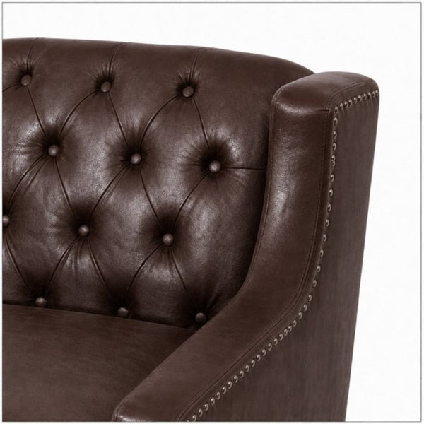 English Elm Dark Faux Leather Wingback Accent Chair Tufted Nailhead Trim Mid-Century Wood Legs Dark Brown W680P526315