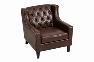 English Elm Dark Faux Leather Wingback Accent Chair Tufted Nailhead Trim Mid-Century Wood Legs Dark Brown W680P526315