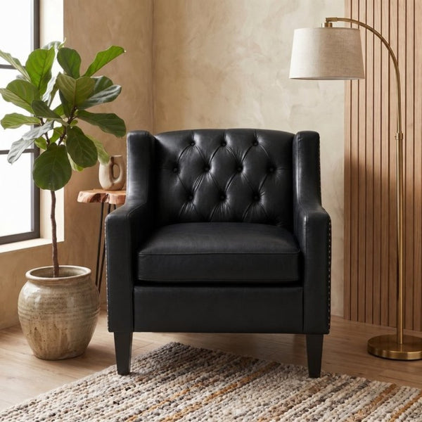 English Elm Dark Faux Leather Wingback Accent Chair Tufted Nailhead Trim Mid-Century Wood Legs Black W680P526341
