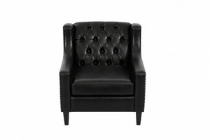English Elm Dark Faux Leather Wingback Accent Chair Tufted Nailhead Trim Mid-Century Wood Legs Black W680P526341