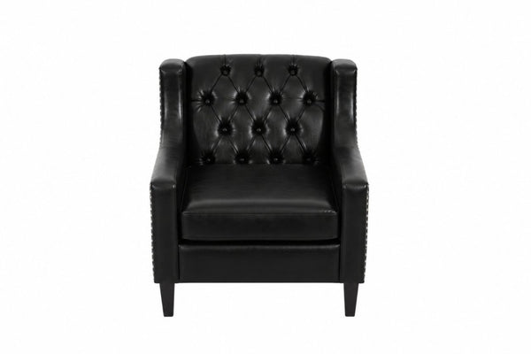 English Elm Dark Faux Leather Wingback Accent Chair Tufted Nailhead Trim Mid-Century Wood Legs Black W680P526341