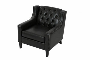 English Elm Dark Faux Leather Wingback Accent Chair Tufted Nailhead Trim Mid-Century Wood Legs Black W680P526341