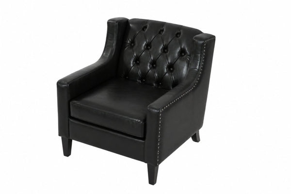 English Elm Dark Faux Leather Wingback Accent Chair Tufted Nailhead Trim Mid-Century Wood Legs Black W680P526341