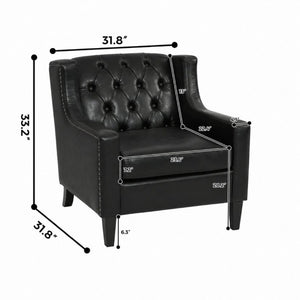 English Elm Dark Faux Leather Wingback Accent Chair Tufted Nailhead Trim Mid-Century Wood Legs Black W680P526341